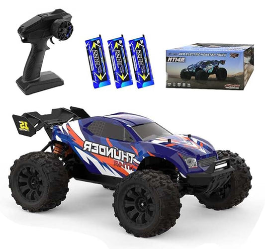 Ledovan 1:14 RC Monstertruck 100 km/h, 4WD Bürstenlosmotor für Offroad, inkl. 3 Akkus (Blau).