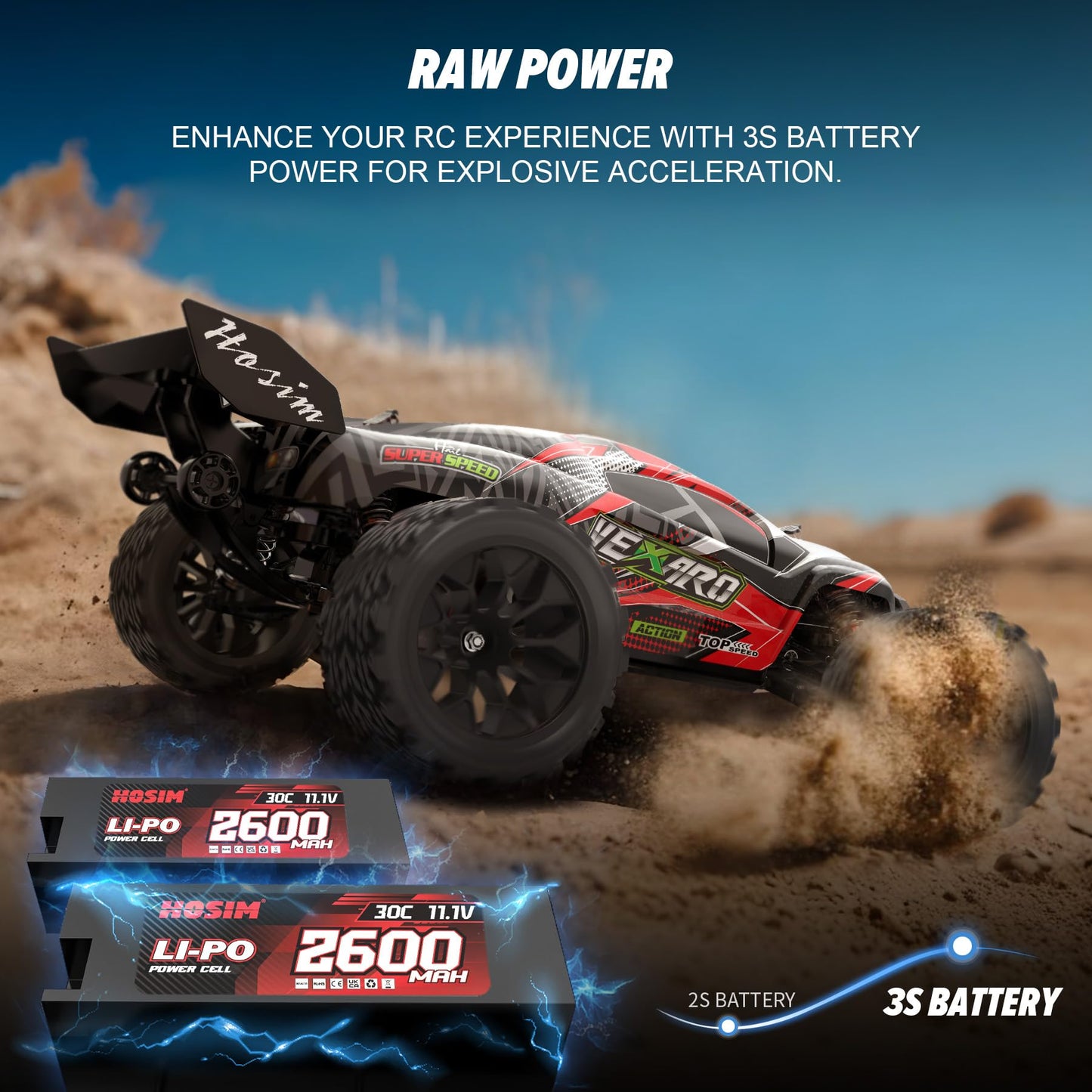 Hosim 1:8 RC Monster Truck 70+ km/h, 4x4 wasserdicht, Bürstenlosmotor, 2 Akkus, 40+ Min Laufzeit.