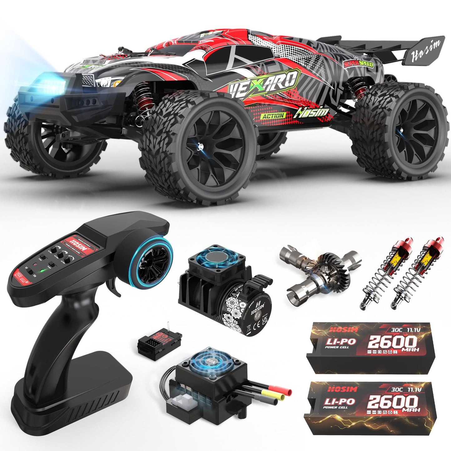 Hosim 1:8 RC Monster Truck 70+ km/h, 4x4 wasserdicht, Bürstenlosmotor, 2 Akkus, 40+ Min Laufzeit.